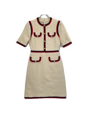 Gucci White Interlocking Pearl Button Web Trim Dress 38